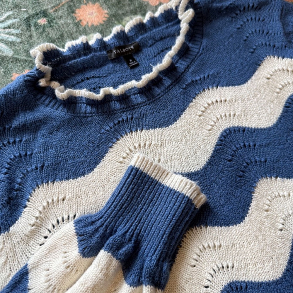 Talbots Blue Ivory Wavy Stripe Ruffle Neck Pointelle Sweater Medium Nautical